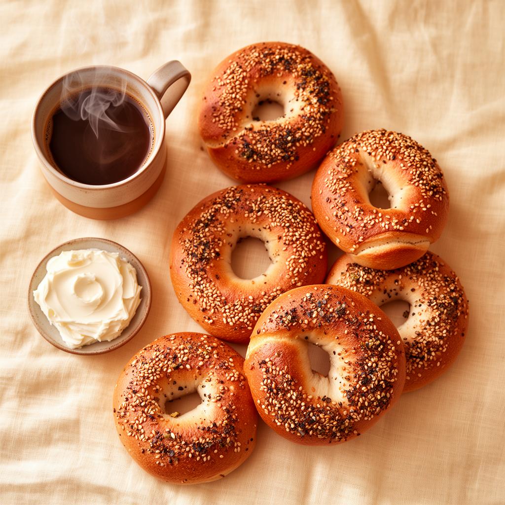 Fresh bagels with coffee and cream cheese